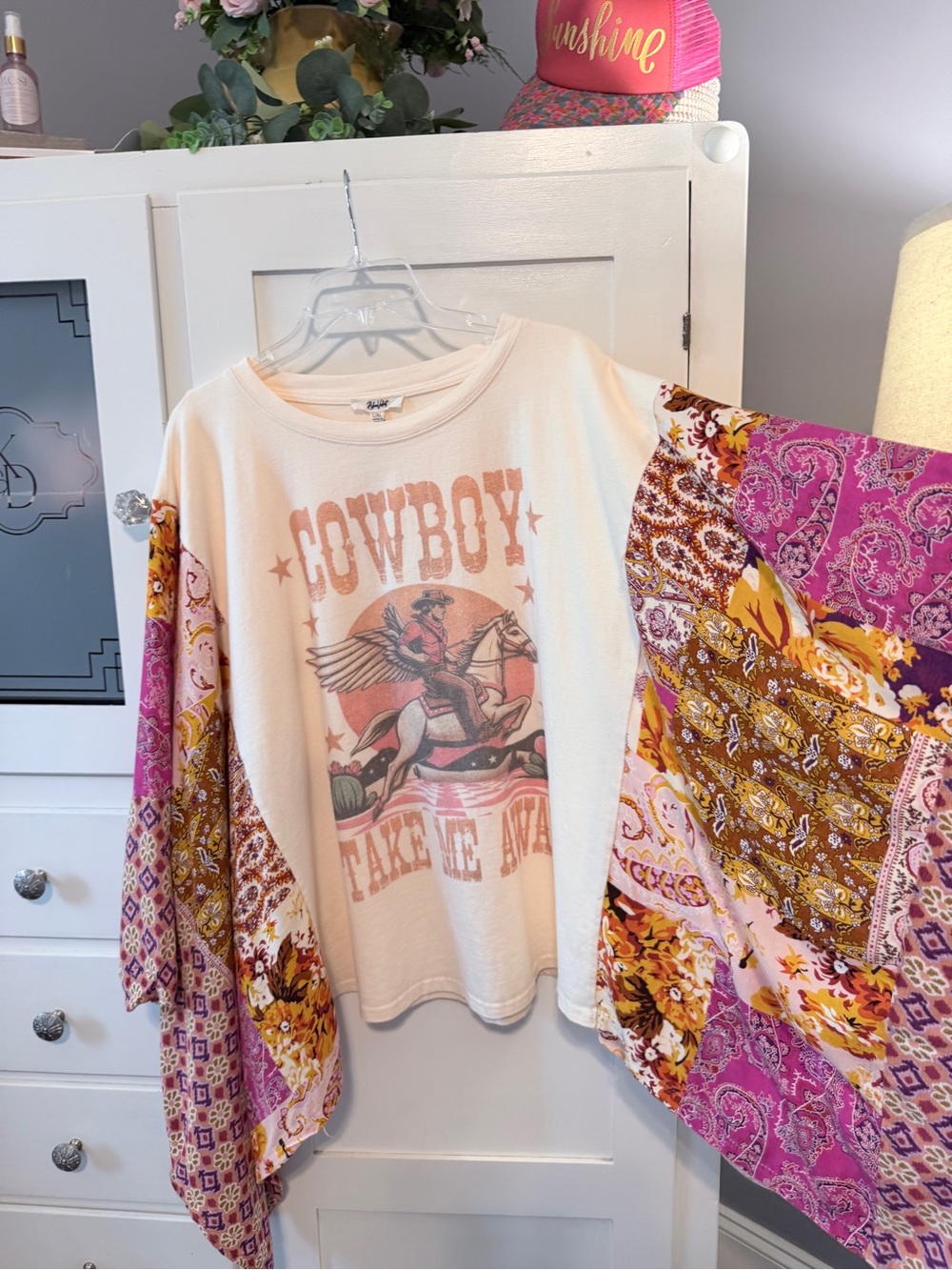 Bohemian Patchwork Cowboy Pullover t-shirt with butterfly wings . Cream & Pink - Picture 5 of 9